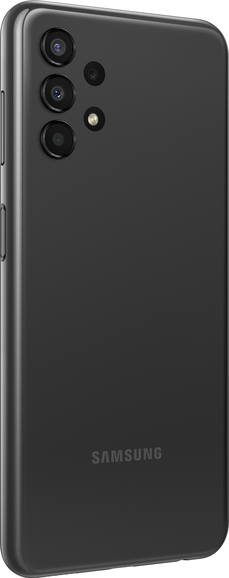 Close-up van de achterkant van een zwarte Samsung smartphone met camera-opstelling en flitser. Het Samsung-logo is zichtbaar.