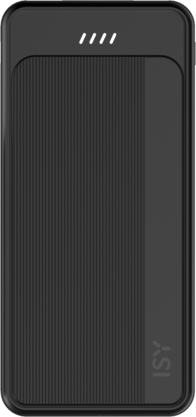 Power bank nero con quattro spie bianche.