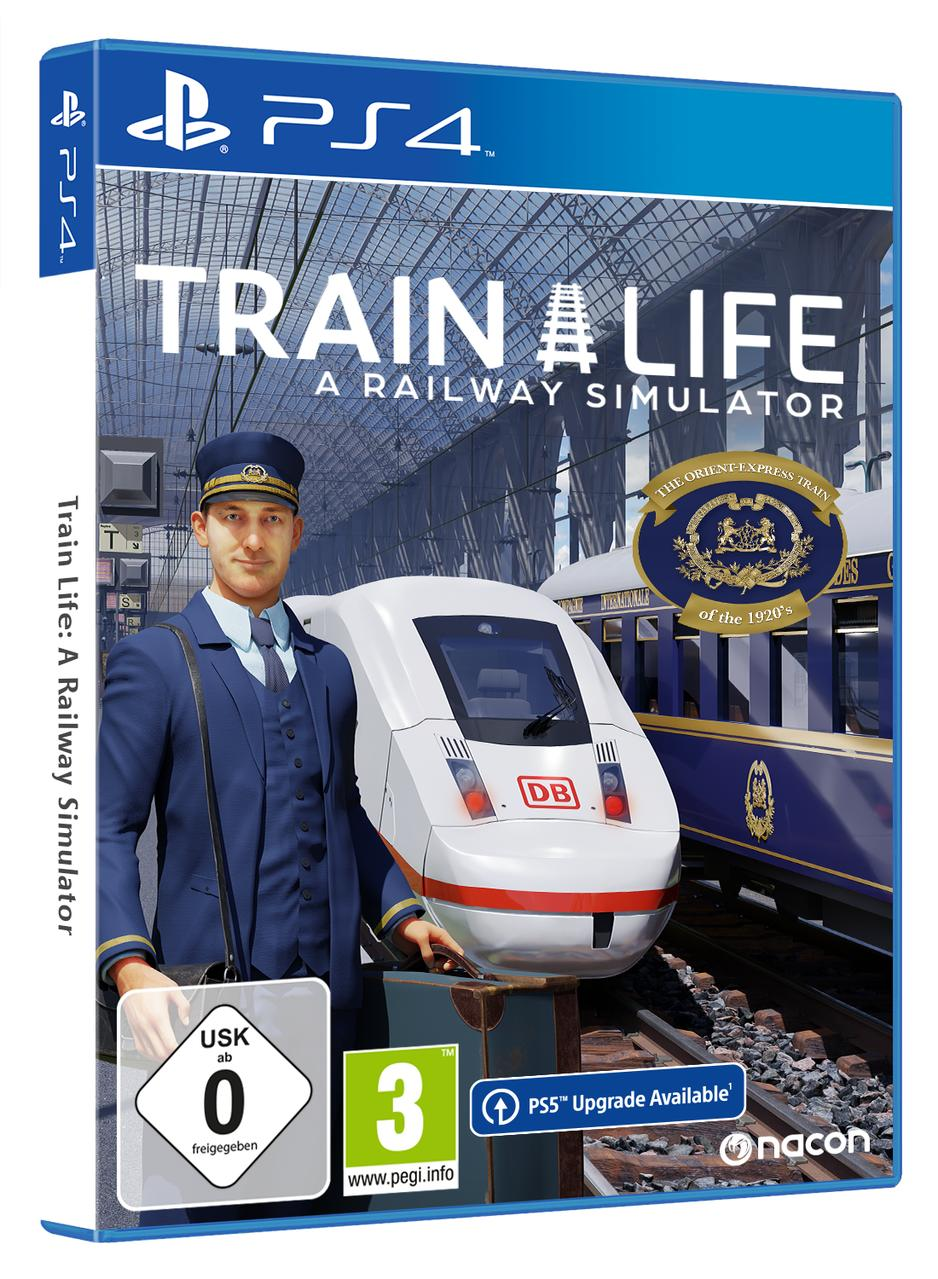 PS4-Spielbox von 'Train Life: A Railway Simulator' mit einem Zugführer auf dem Cover.