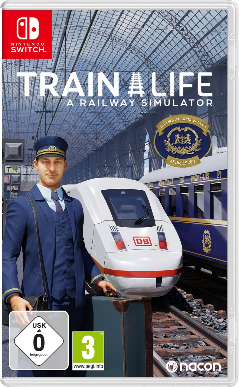 Nintendo Switch Spielhülle. Train a Life Cover-Art mit einem Zugführer und Zug auf der Eisenbahn.