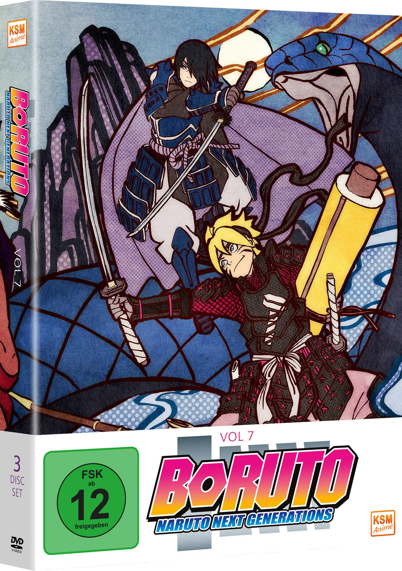 DVD-Box-Art, Anime-Stil, mit zwei Figuren in Rüstung, die Schwerter schwingen, und einer blauen Schlange.