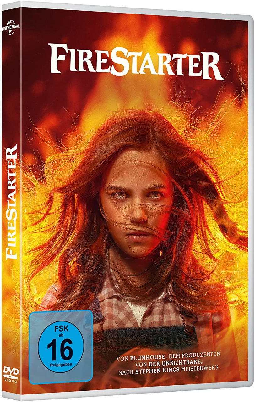 Eine DVD-Hülle für den Film Firestarter. Ein Mädchen mit roten Haaren steht in Flammen.