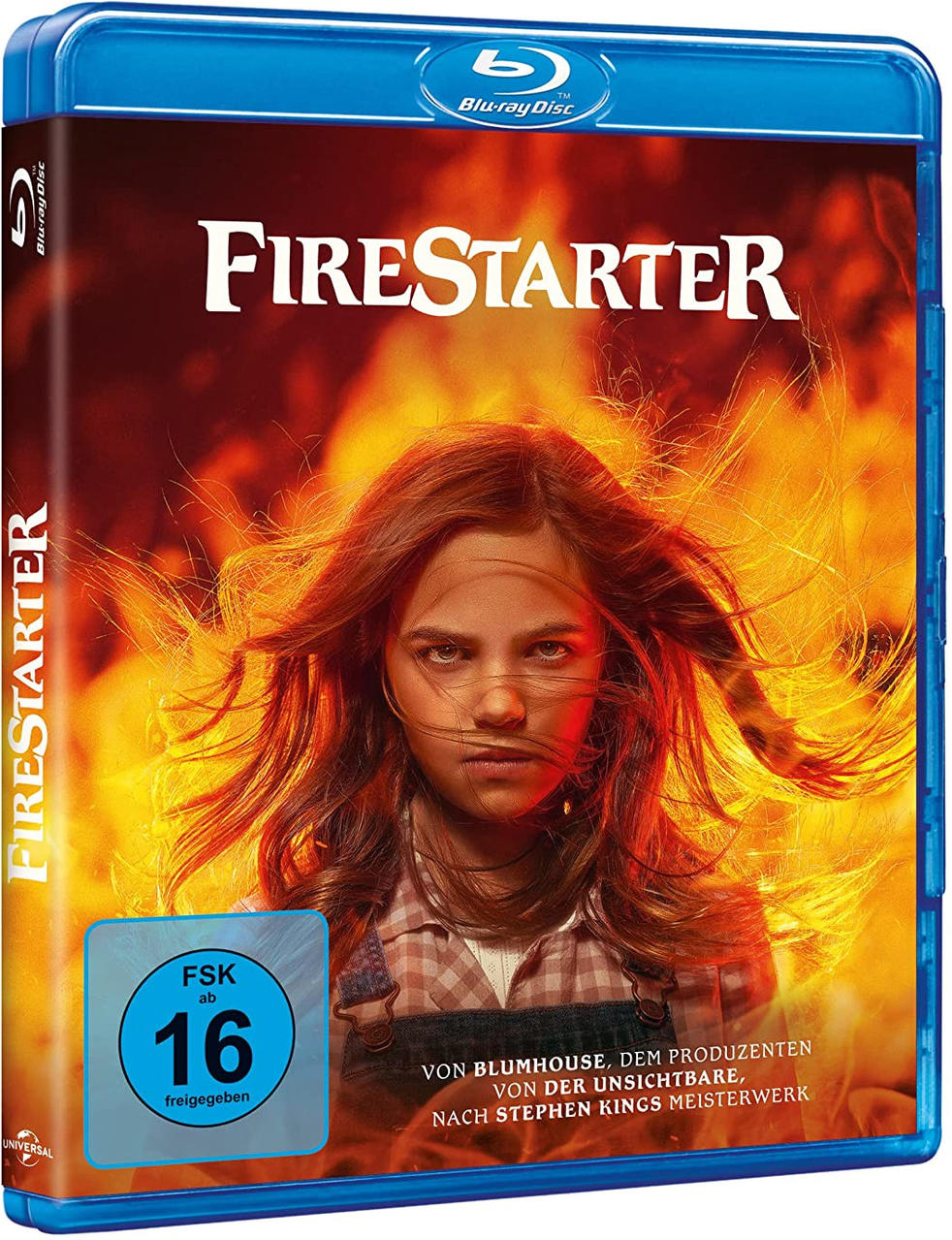 Blu-ray-Disc von Firestarter mit einem Mädchen in Flammen auf dem Cover, FSK 16 Bewertung.