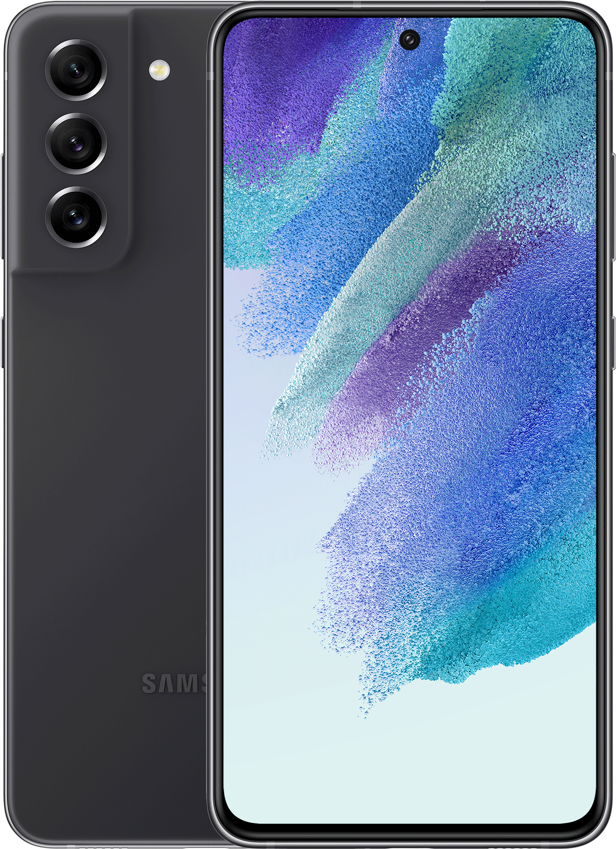 Zwarte Samsung Galaxy S21 FE telefoon. Het toont de achterkant van de telefoon met de cameralenzen.