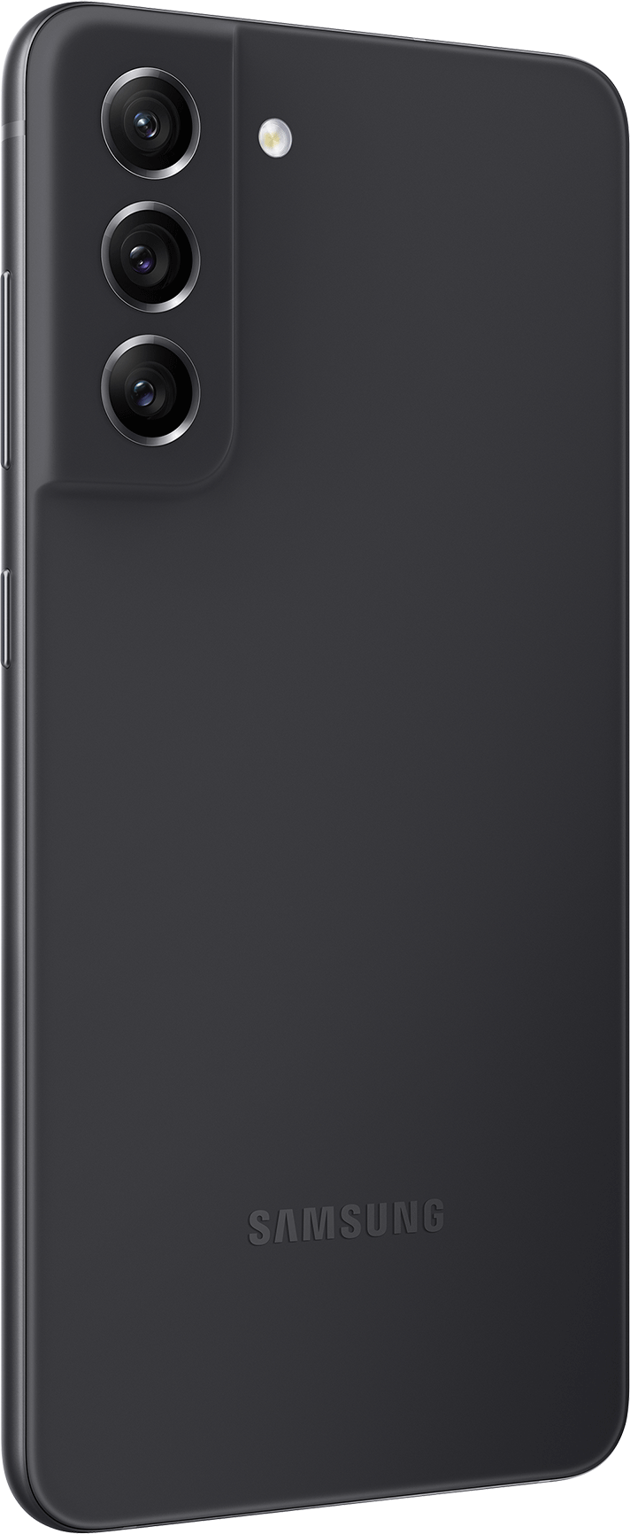 Zwarte Samsung-telefoon. Drie camera's aan de achterkant, Samsung-logo. Zijaanzicht op een witte achtergrond.
