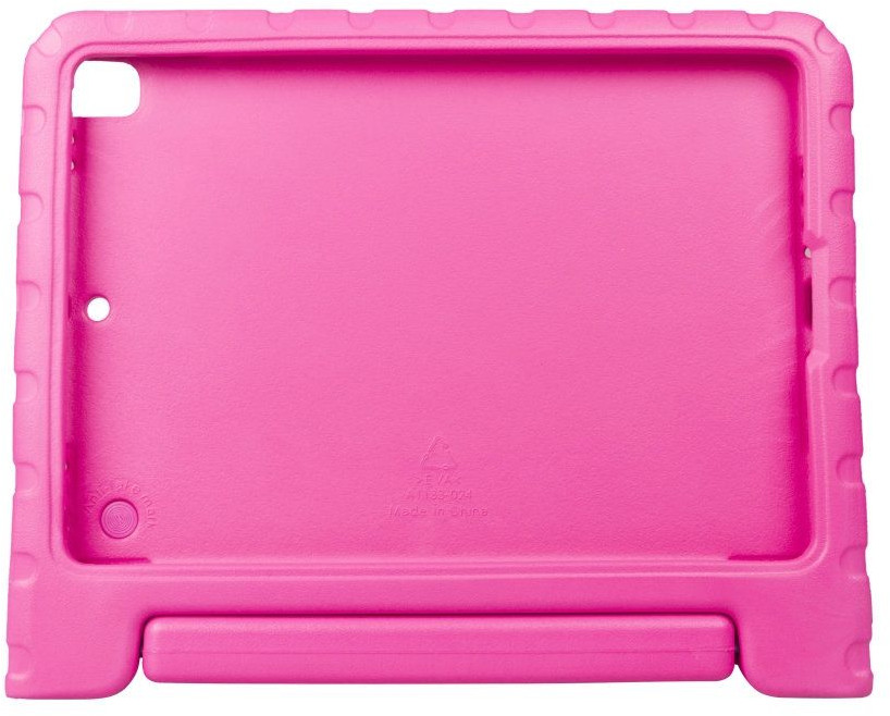 Roze iPad hoes met een handvat en uitsparingen voor knoppen en camera, effen oppervlak.