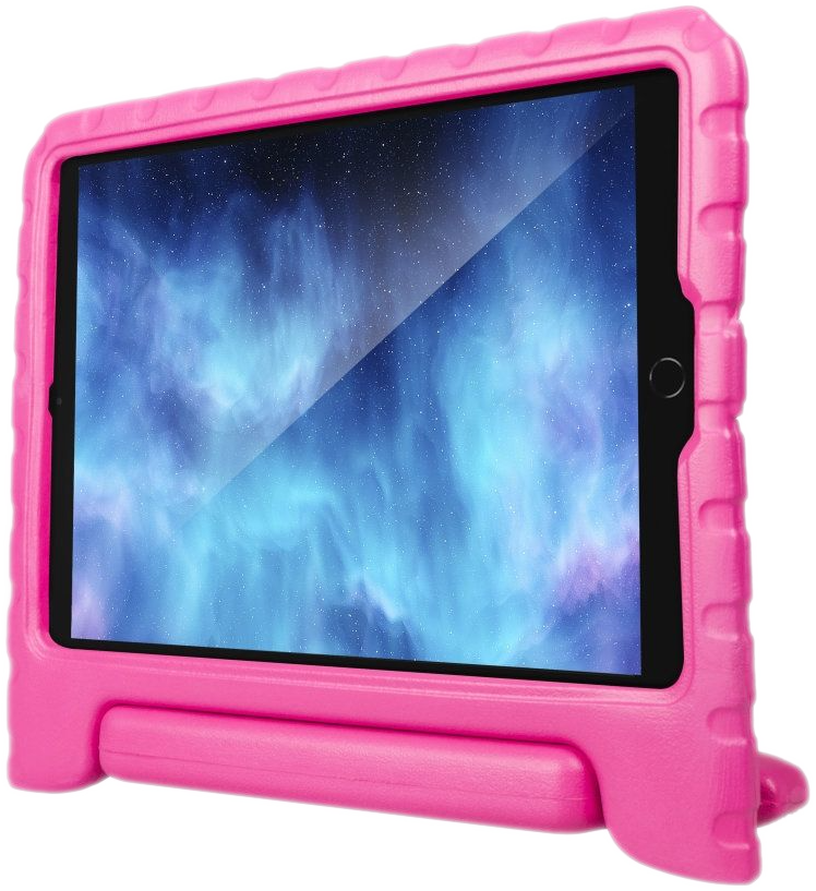 Een roze, kindveilige tablethoes met een tabletscherm met een sterrenhemel.