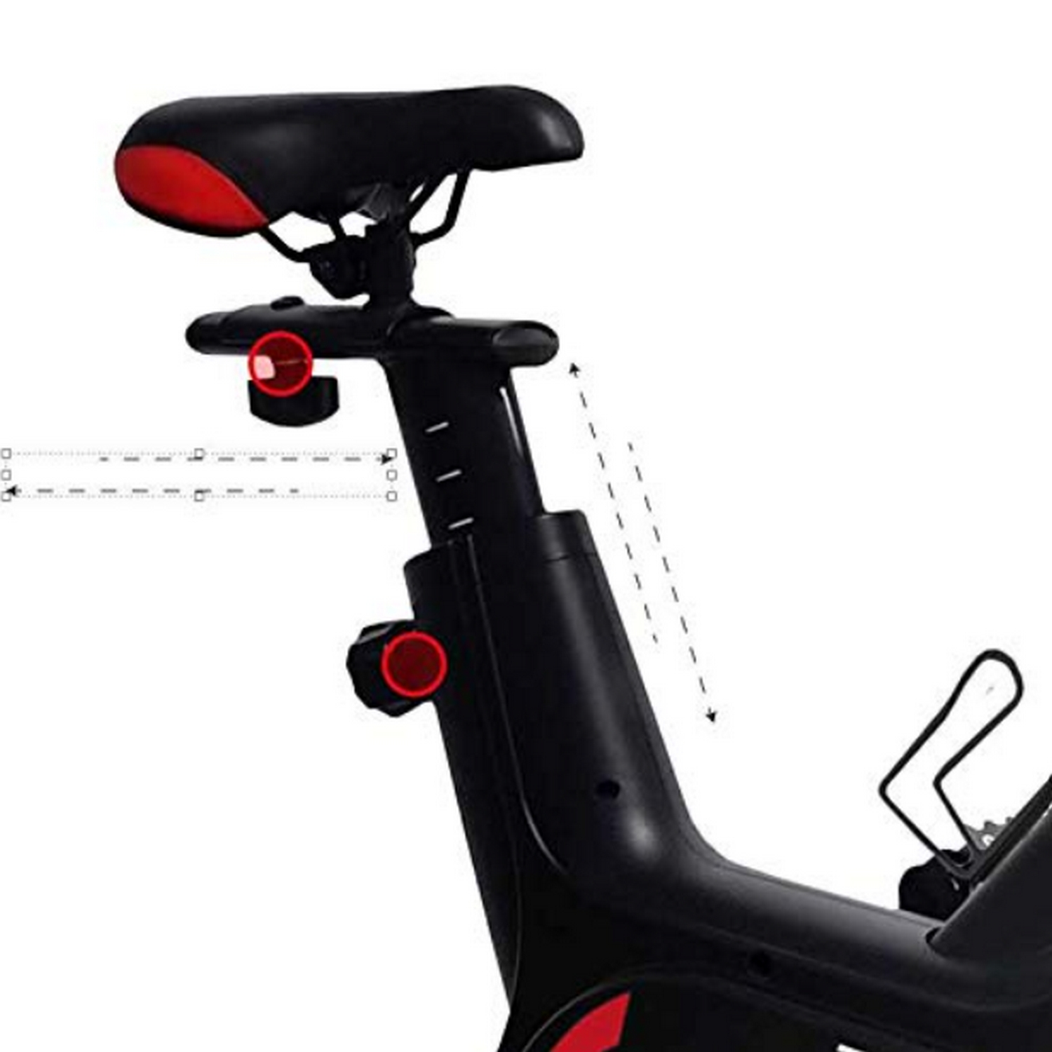 El asiento negro y la columna de ajuste de una bicicleta estática, con detalles en rojo.