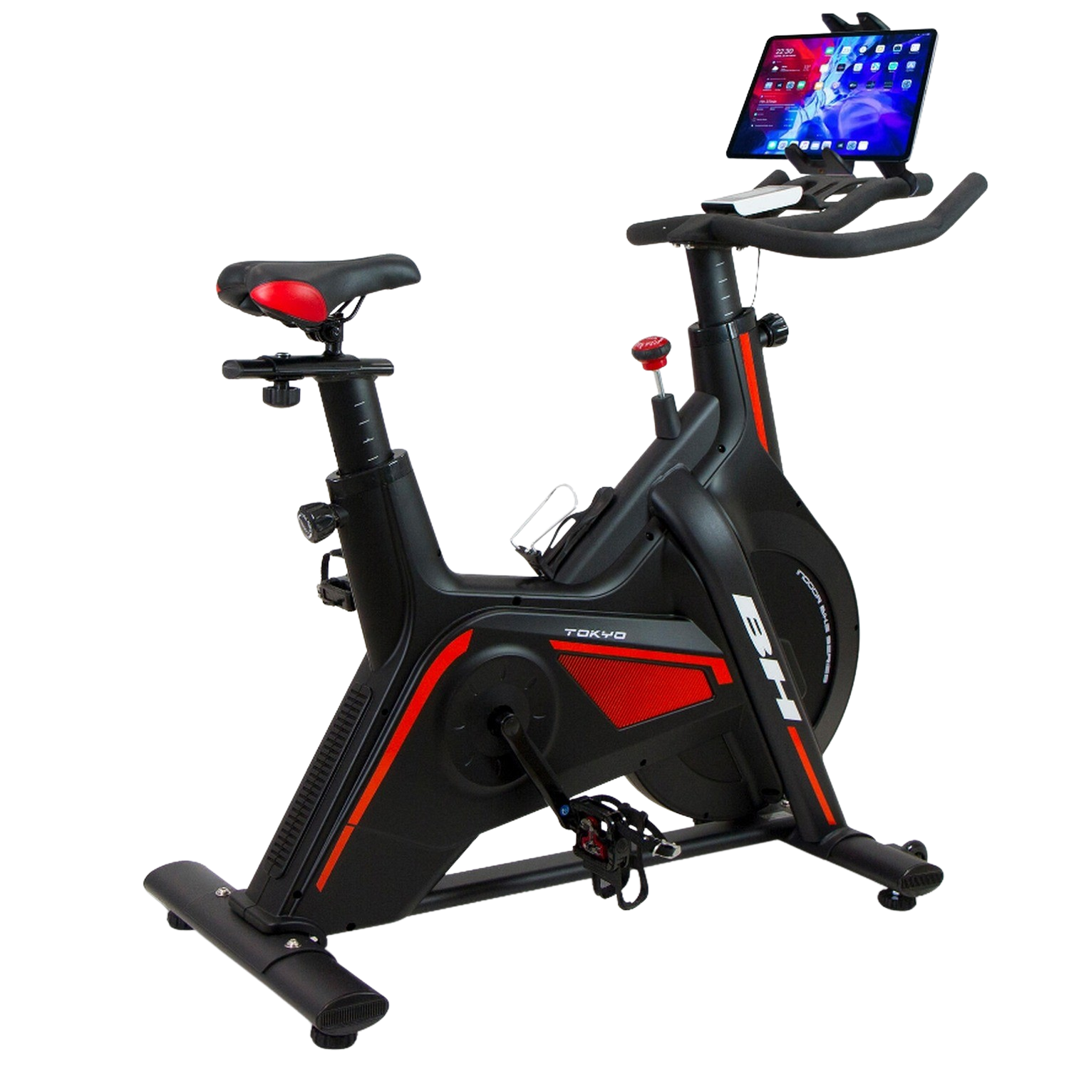 Bicicleta estática - BH Fitness TOKIO H9181, Bicicleta Spinning, Volante de inercia, Soporte tablet, Pedales Mixtos, Negro/Rojo