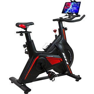Bicicleta estática - BH Fitness TOKIO H9181, Bicicleta Spinning, Volante de inercia, Soporte tablet, Pedales Mixtos, Negro/Rojo