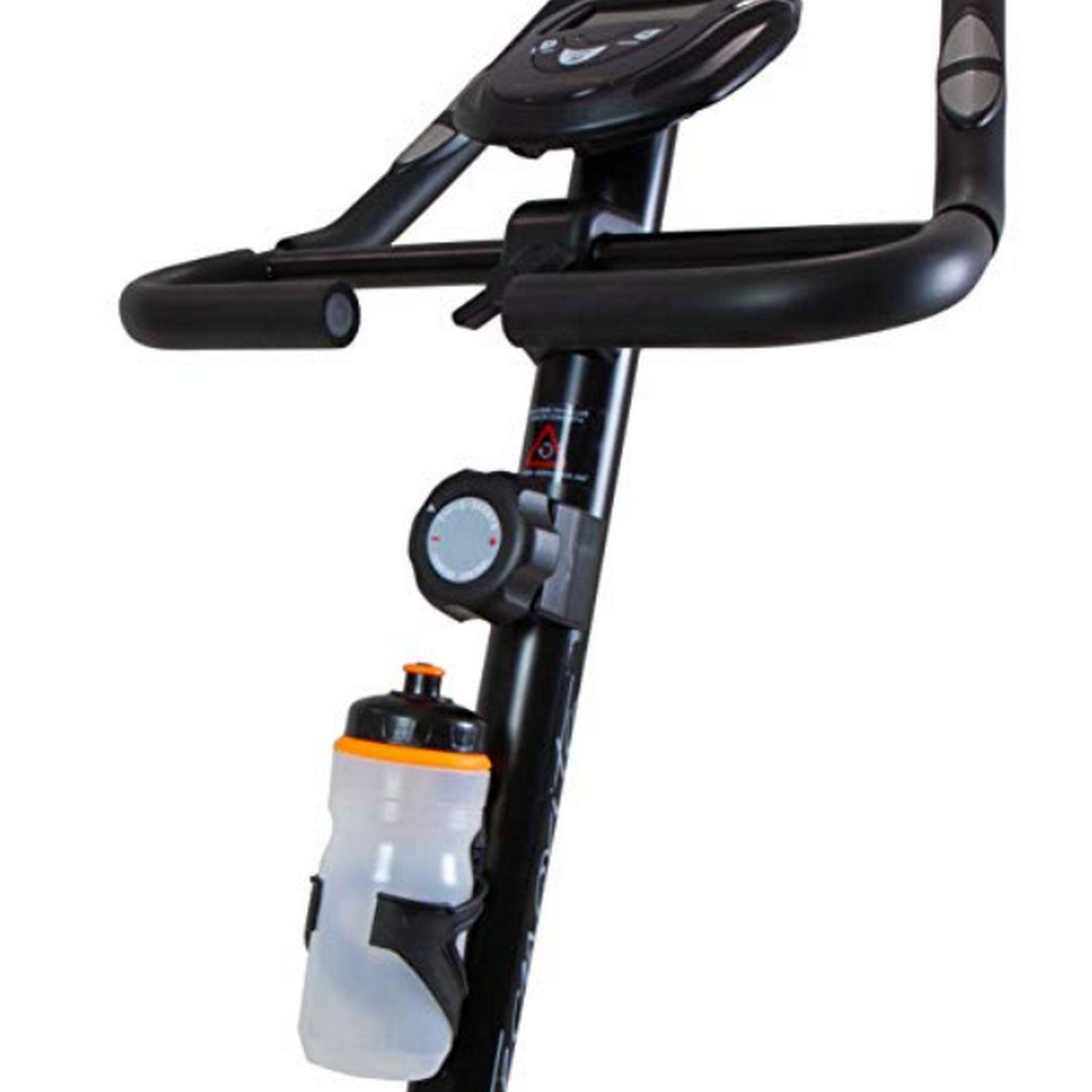 Manillar de bicicleta estática. Portabotellas con botella de agua.