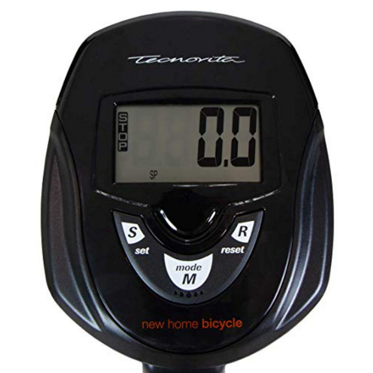 Pantalla negra de una nueva bicicleta para el hogar. Muestra 0.0 y tiene botones set/mode/reset.