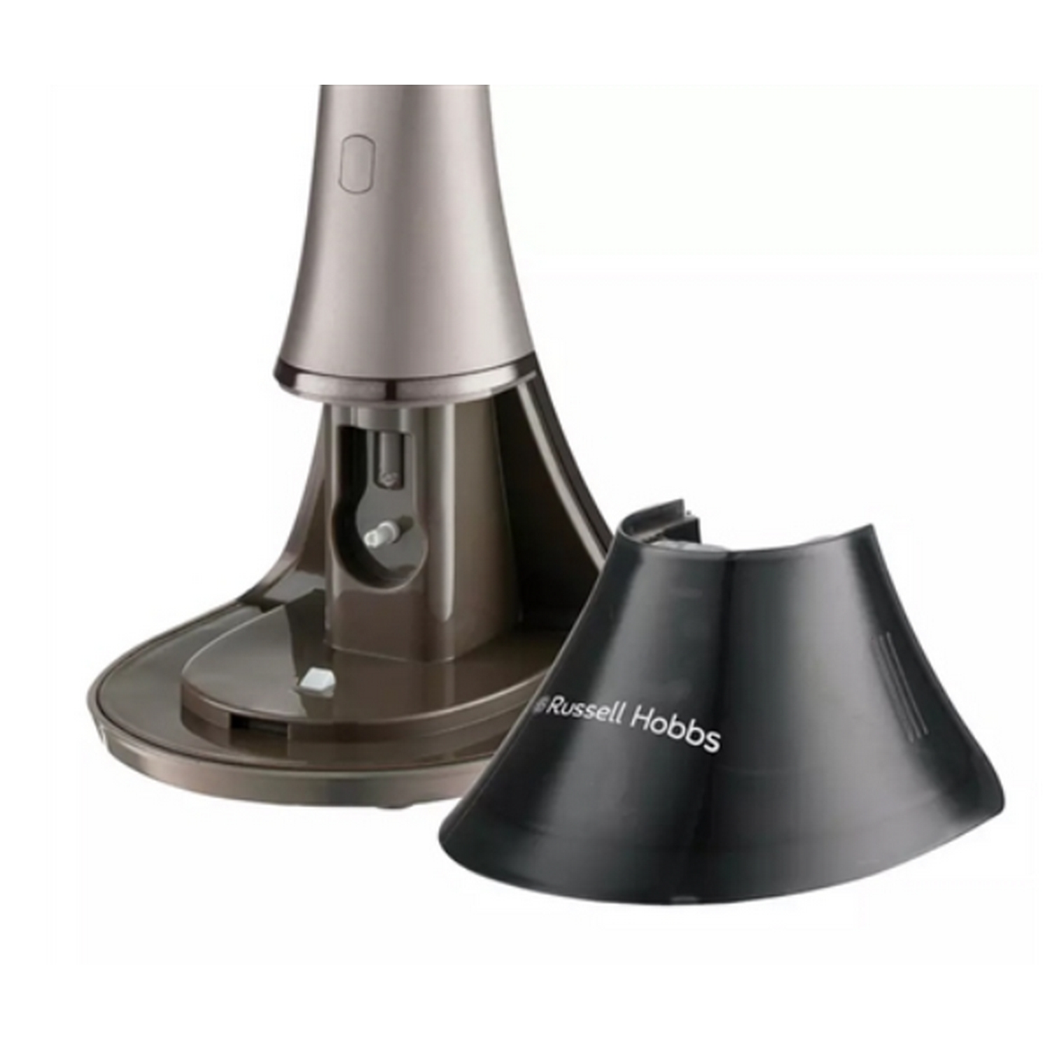Una base de ventilador y una cubierta negra separada se ven desde arriba, con el logotipo de Russell Hobbs.