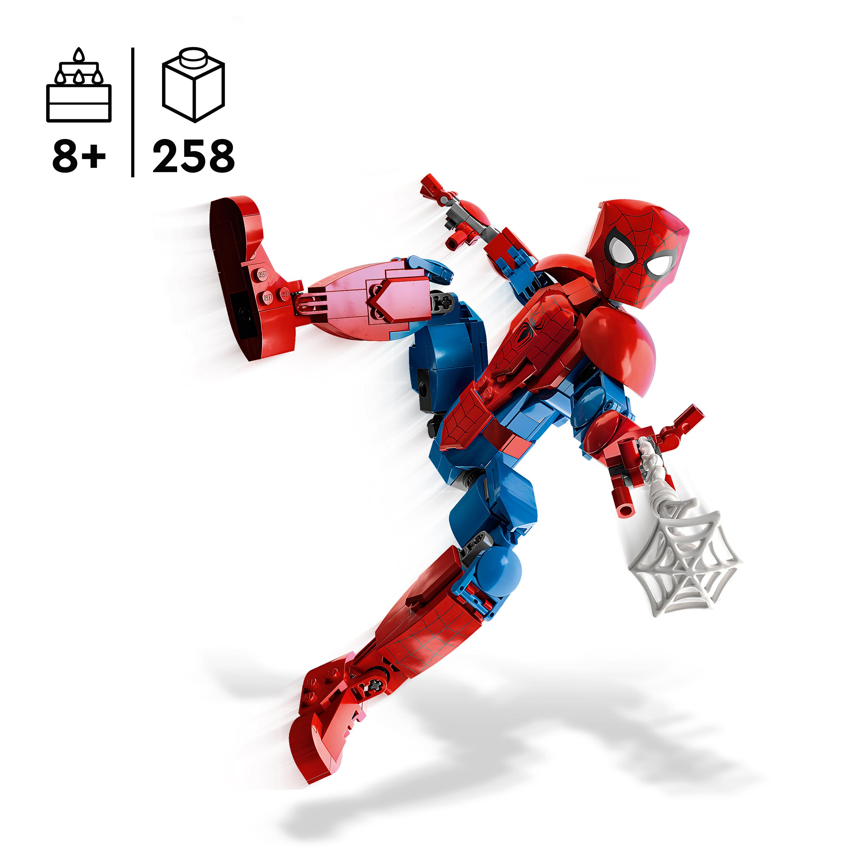 Spider-Man-Figur in Action-Pose, rot-blauer Anzug, mit weißem Netz. Isoliert auf weißem Hintergrund.