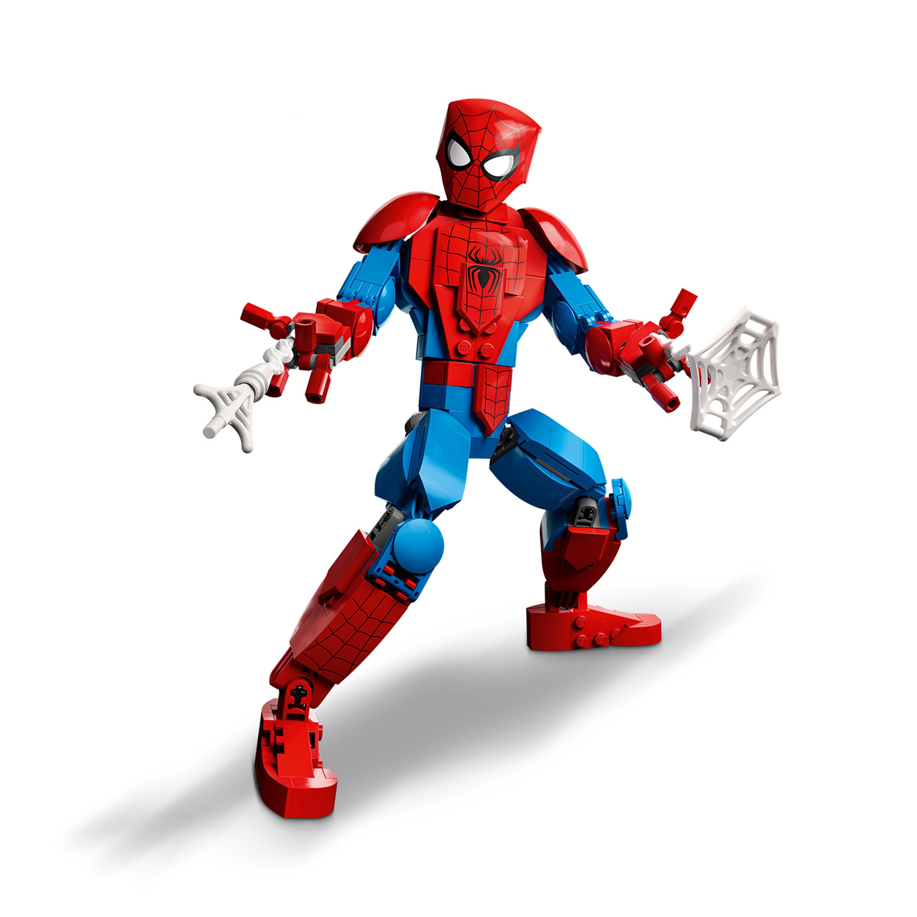 Lego-Spiderman-Figur in Rot, Blau und Weiß, mit Web-Zubehör und weißem Hintergrund.
