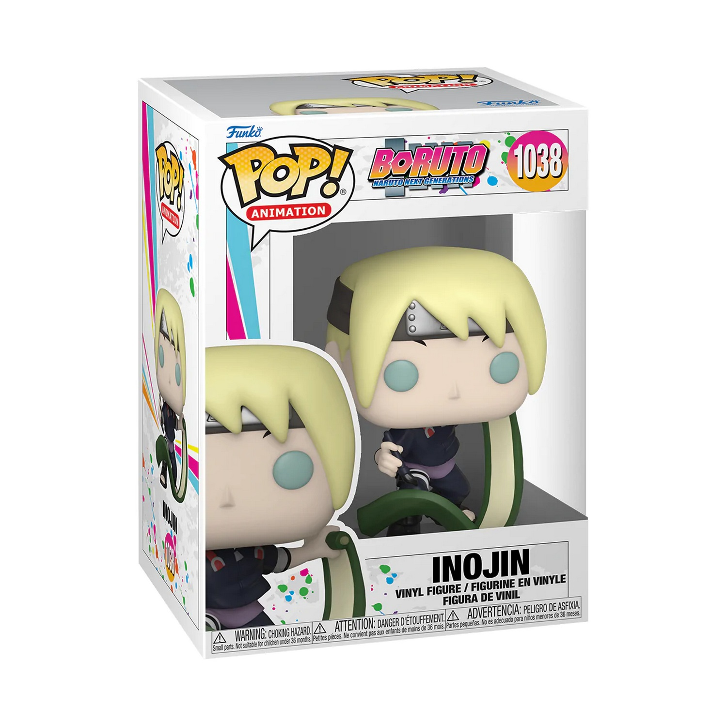 Caja Funko Pop! con figura de Inojin. La figura es rubia, con un atuendo oscuro.