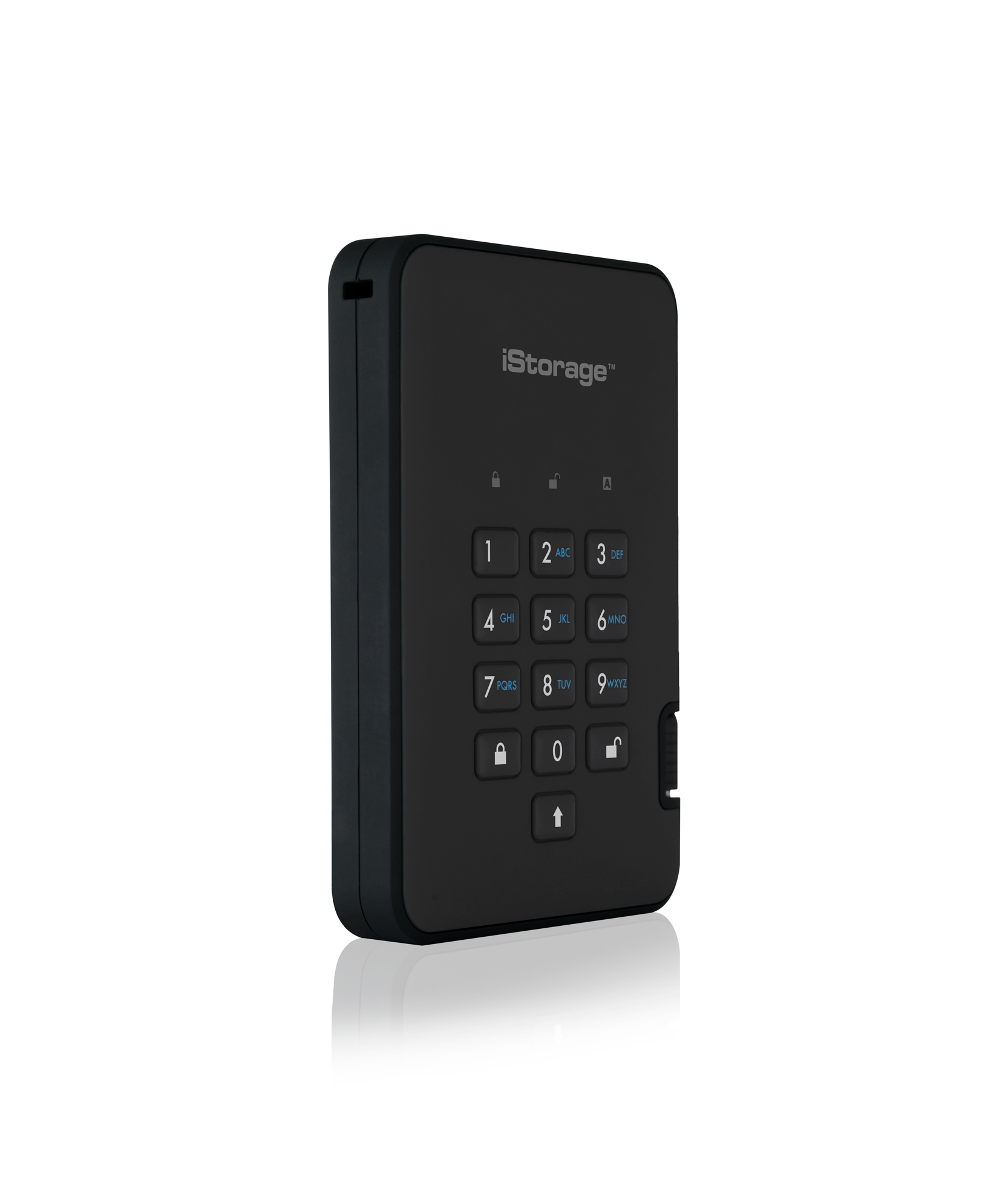 Schwarzes iStorage-Gerät mit Tastatur, Markenname oben. Weißer Hintergrund.