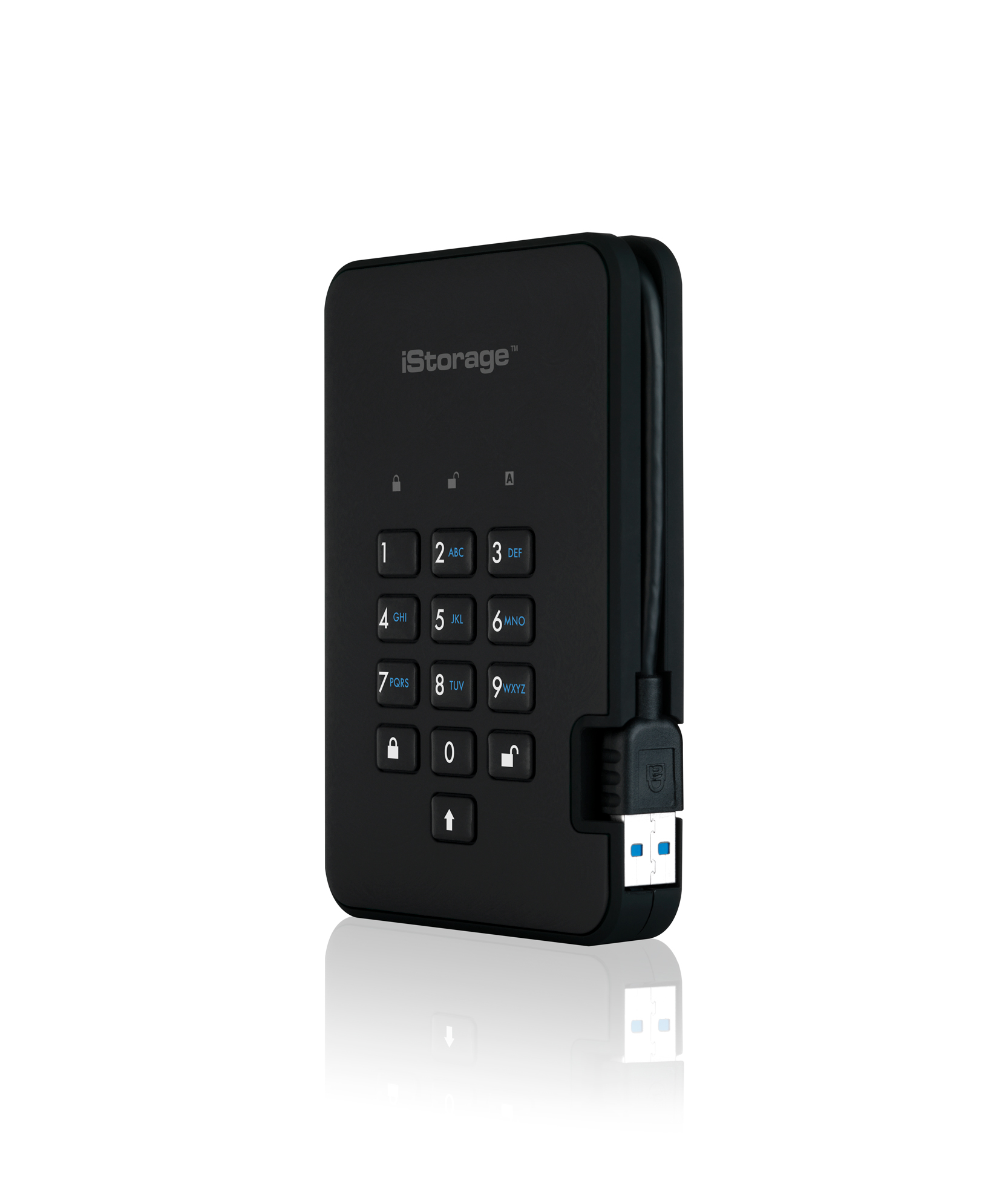Schwarzes iStorage-Gerät mit Tastatur und USB-Kabel. Weißer Hintergrund.