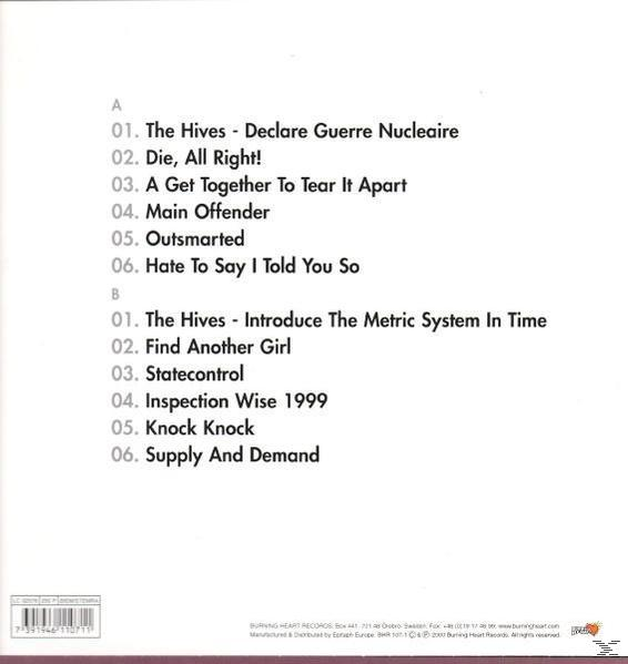 Album számlista. Szöveg fehér háttérrel. A cím "The Hives".