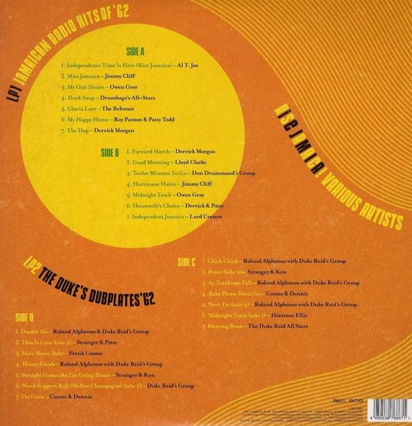 Ein Schallplattencover mit Text und Songtiteln. Das Album trägt den Titel „LP1 Jamaican Radio Hits“.