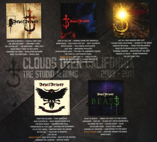 Sechs Albumcover mit unterschiedlichen Designs. Der Text Clouds Over California ist sichtbar.