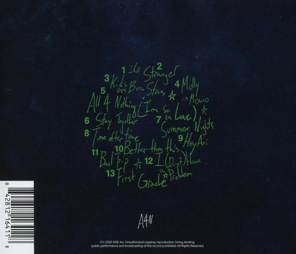 Albumcover mit Songtiteln im Kreis. Grüner Hintergrund mit weißem Text.