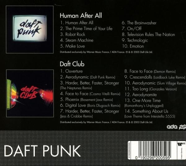 CD-Cover mit Titellisten für 'Human After All' und 'Daft Club'. Schwarz-Weiß mit Daft Punk Logo.