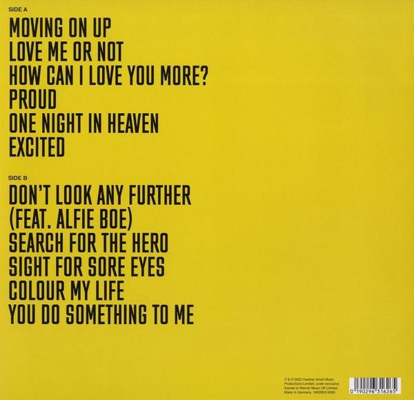 Gelbes Albumcover mit schwarzem Text. Seite A und B listen Songs wie "Moving on up". Der Hintergrund ist gelb.