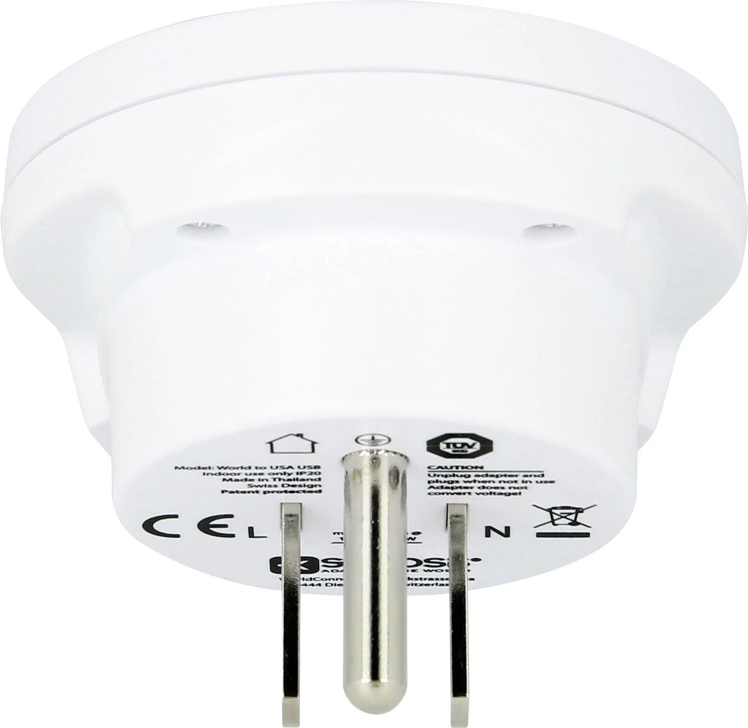 Weißer Adapter mit drei Metallstiften.