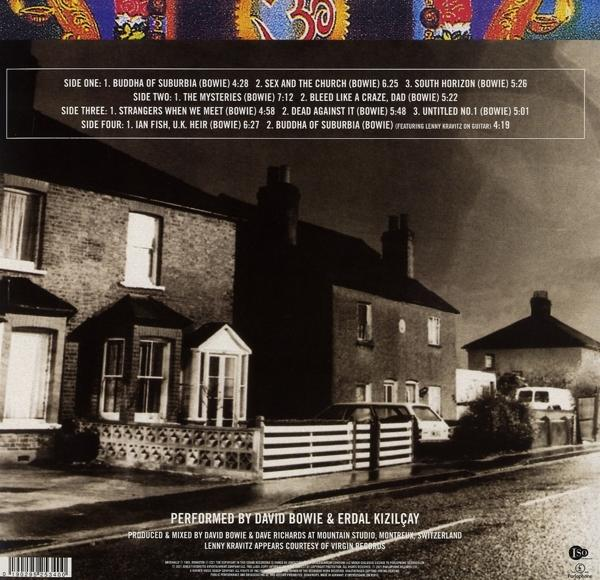 Albumcover mit Text, Hausbildern und einer Wohnstraßenszene, die David Bowies Musik bewirbt.