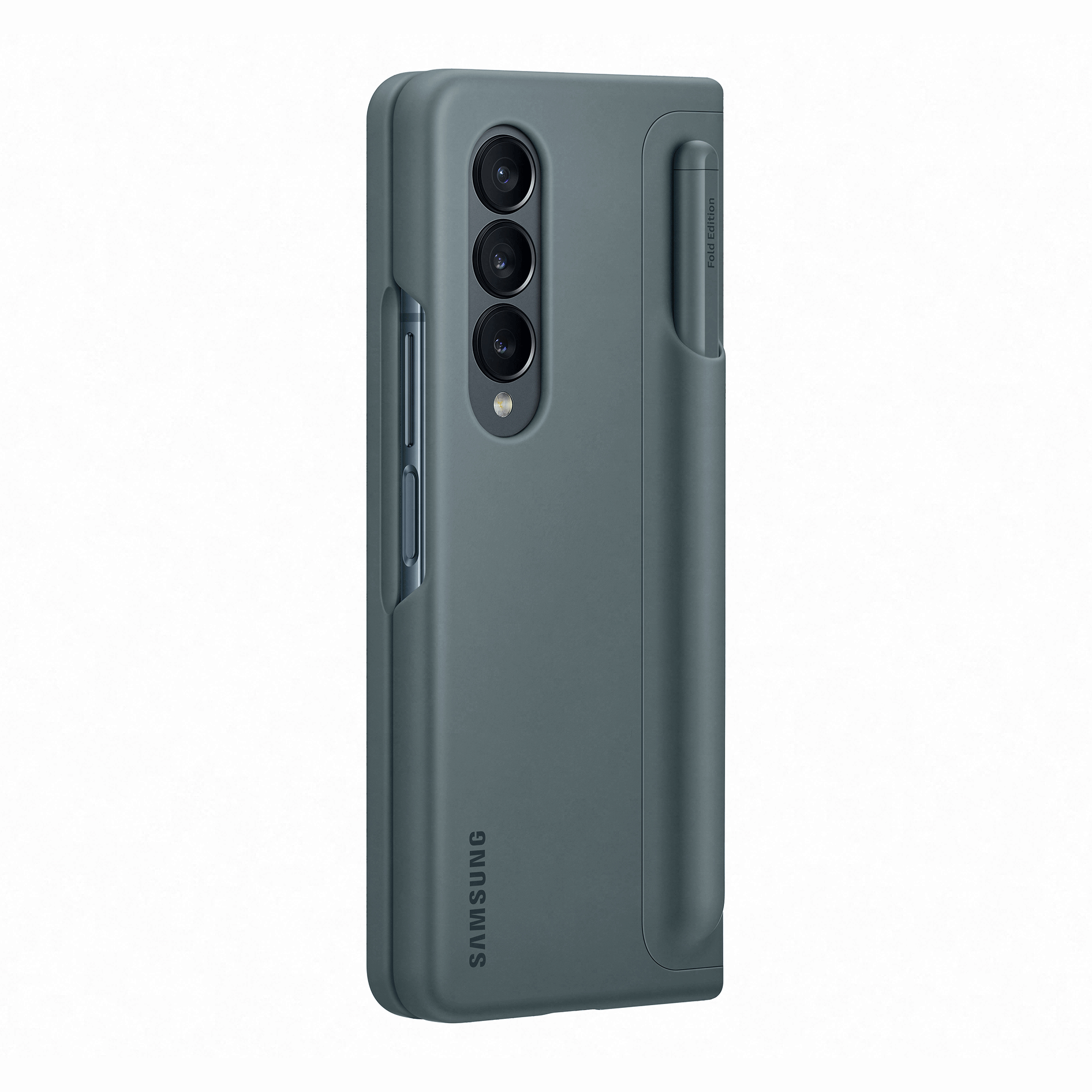 Una funda de teléfono gris con un teléfono dentro y un bolígrafo al lado, sobre fondo blanco.