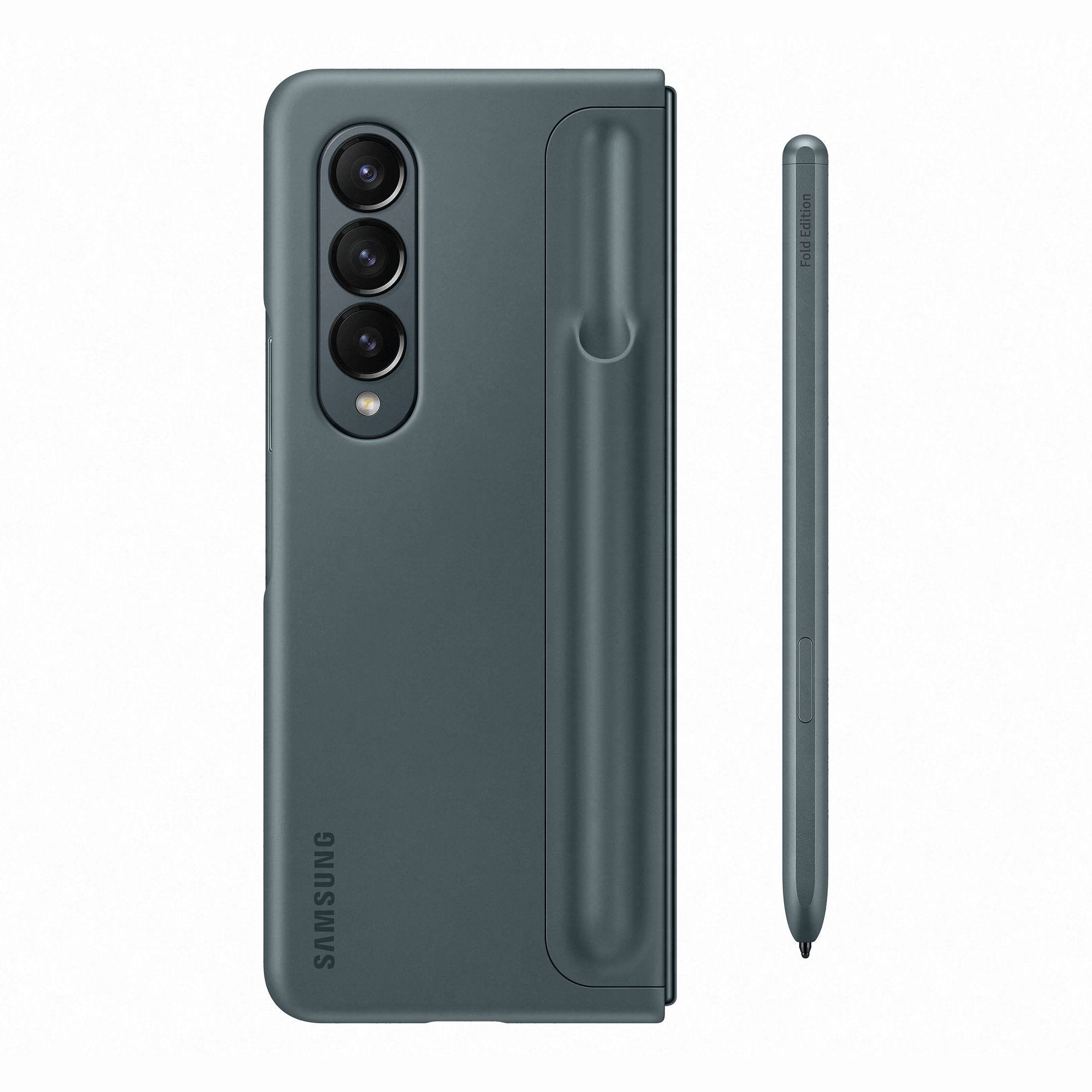 Funda de teléfono verde oscuro con lápiz adjunto.