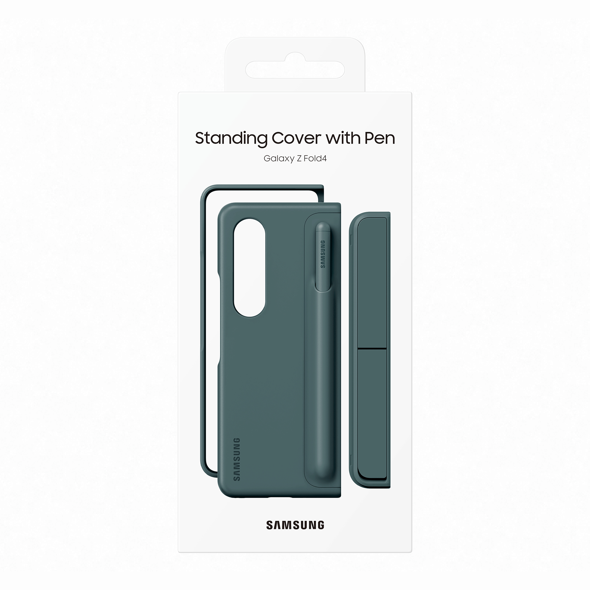 Funda verde Samsung Galaxy Z Fold4 con bolígrafo, en embalaje, blanco.