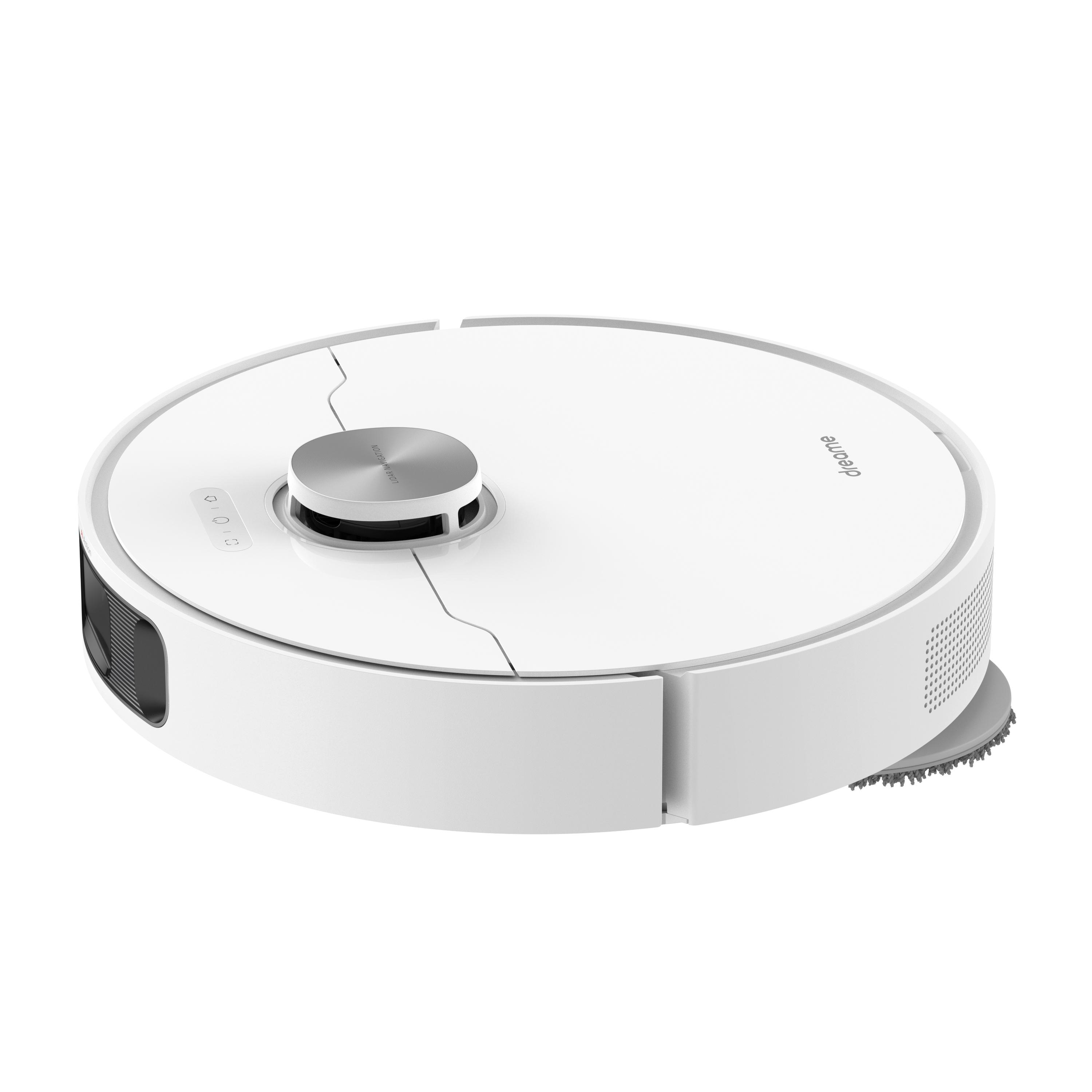 Weißer Roboter-Staubsauger. Runde Form mit Knöpfen und silberner Oberseite.