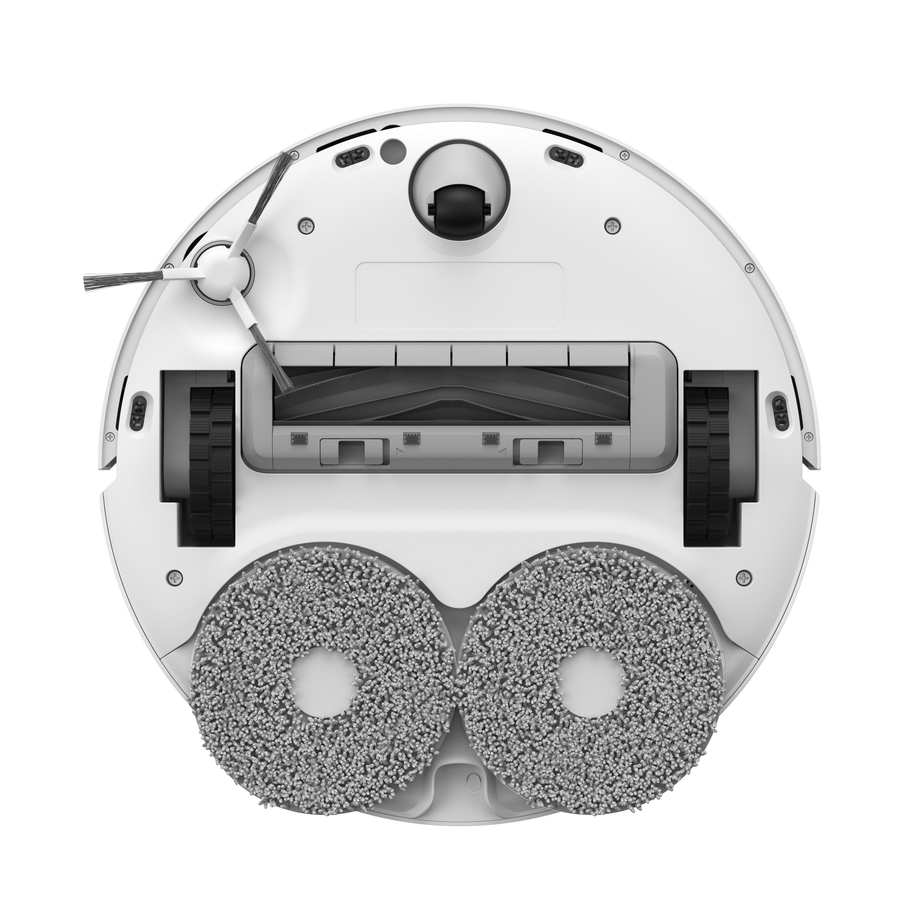 Unteransicht eines weißen Roboter-Staubsaugers. Es zeigt Bürsten und Reinigungspads.
