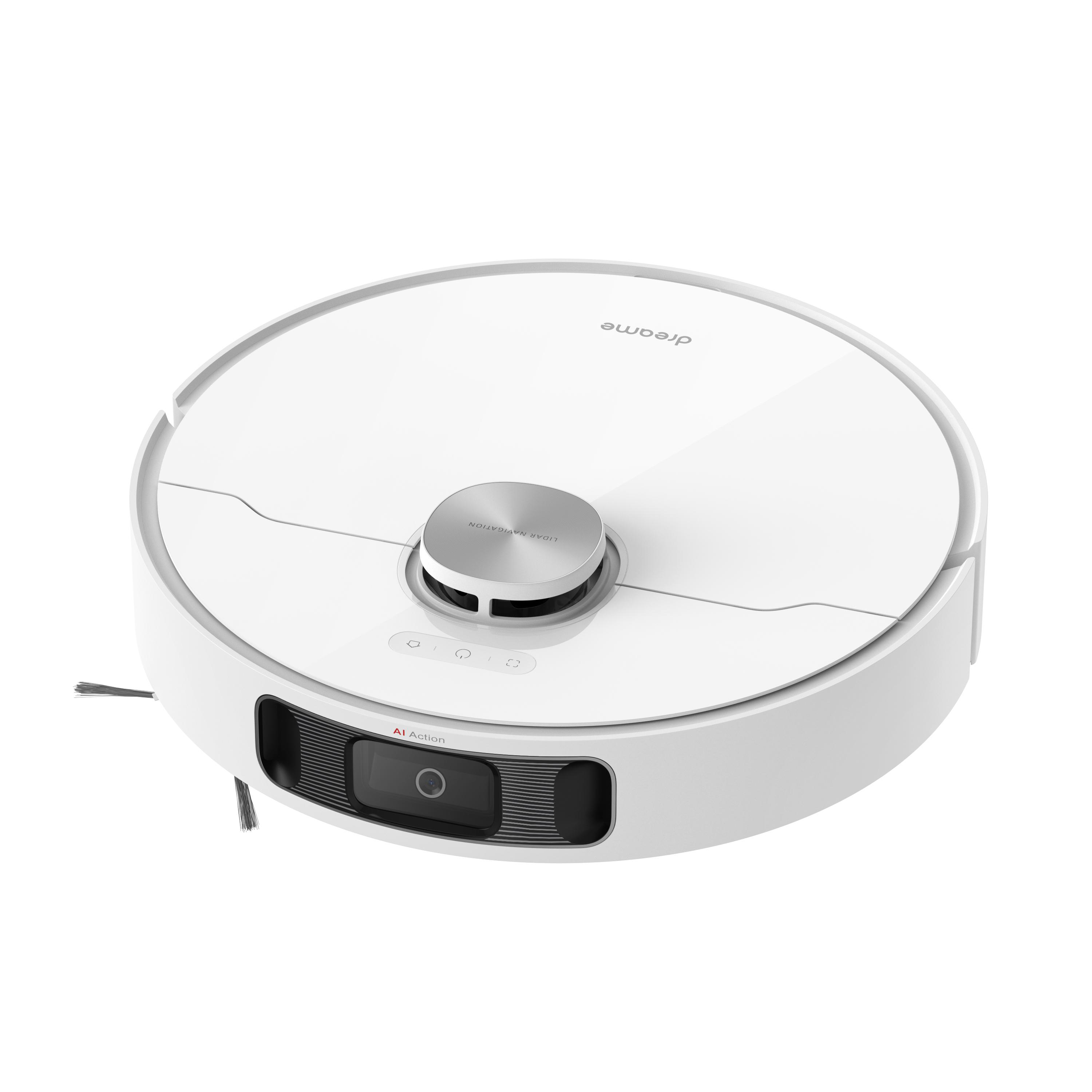 Ein weißer Roboter-Staubsauger. Es hat ein kreisförmiges Design mit Knöpfen und einer Kamera.