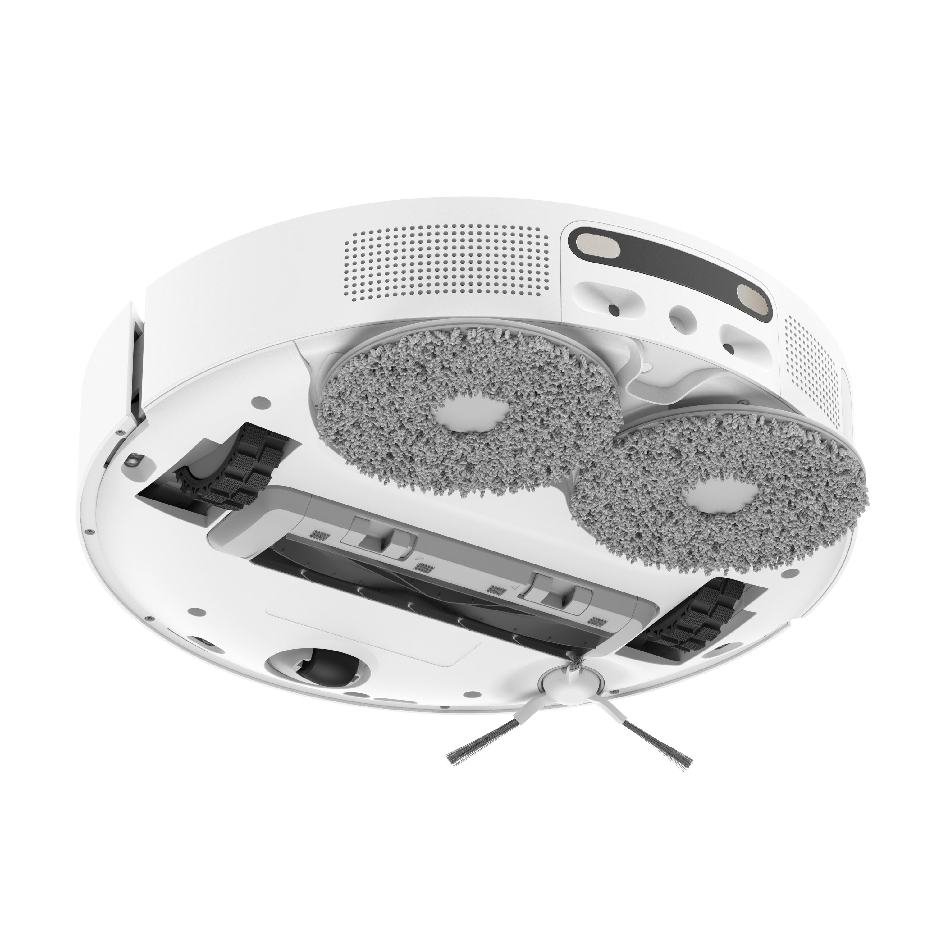 Weißer Roboter-Staubsauger, Unterseite mit grauen Reinigungspads und Bürsten.