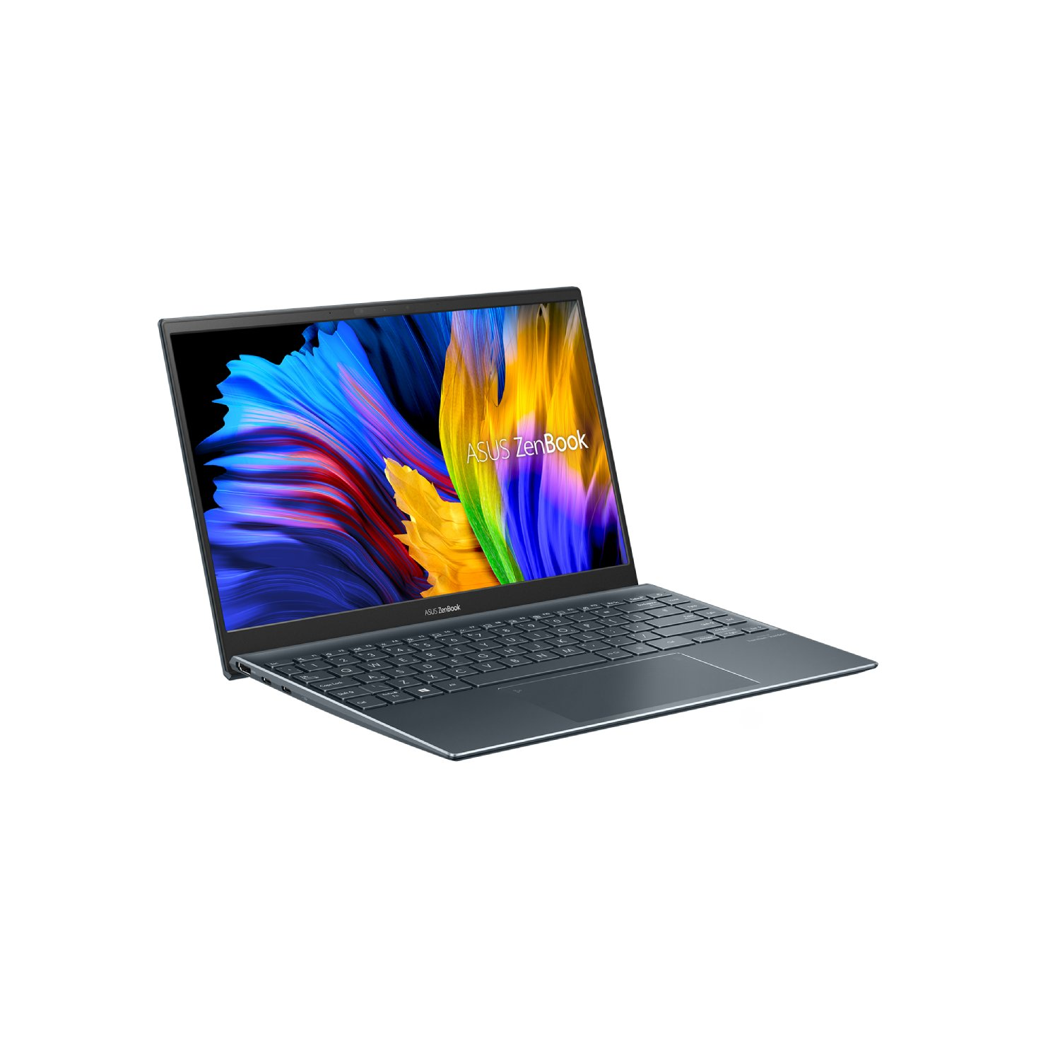 Un portátil con una pantalla colorida y un teclado. La marca 'ASUS Zenbook' es visible.