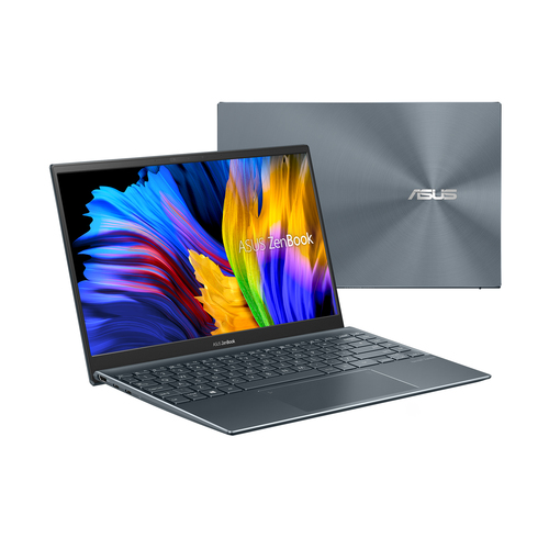 Un portátil ASUS azul con la pantalla abierta. Otro portátil en el fondo.