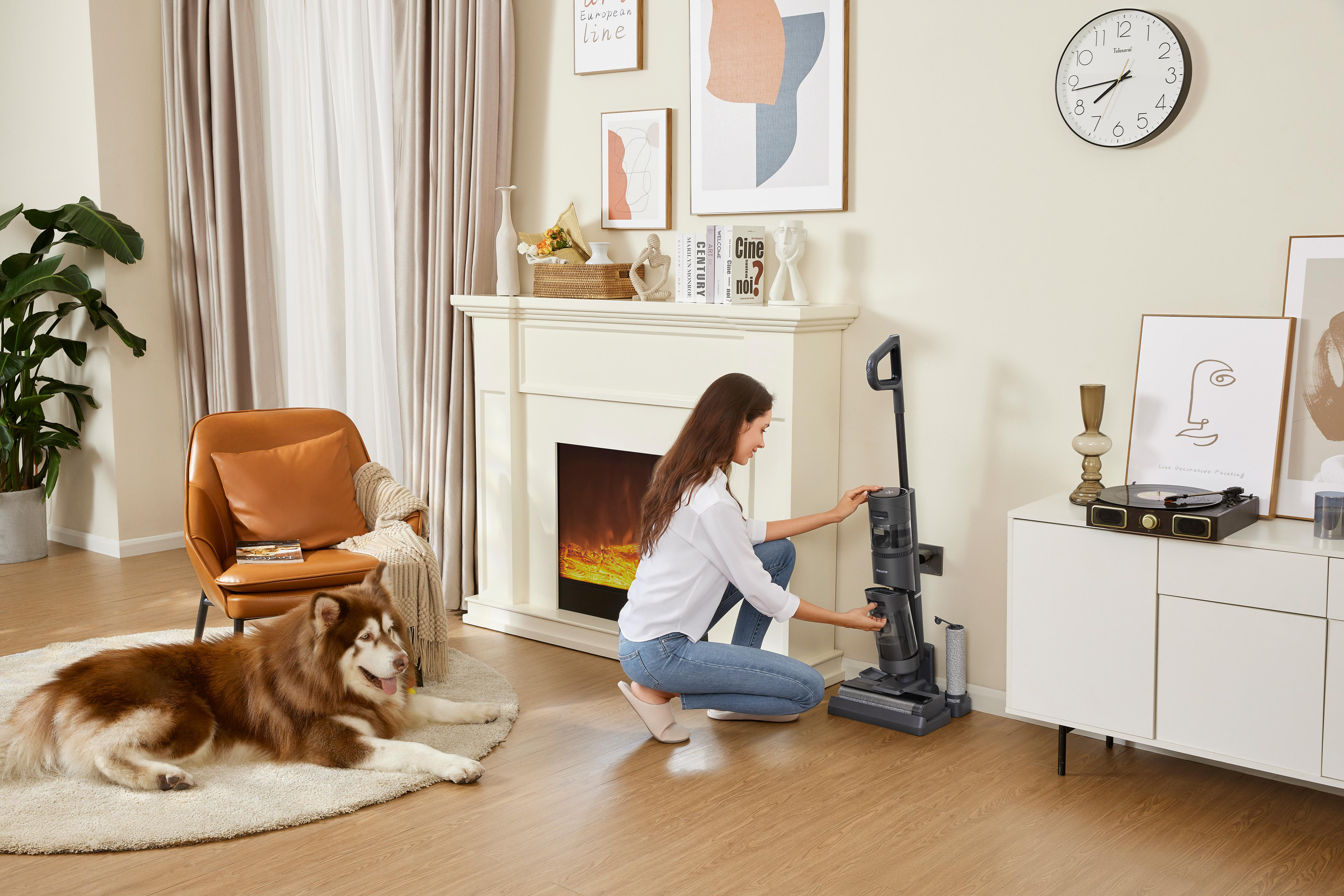 Frau saugt Boden, Hund in der Nähe. Kamin, Bilder und Schränke sind im Bild.