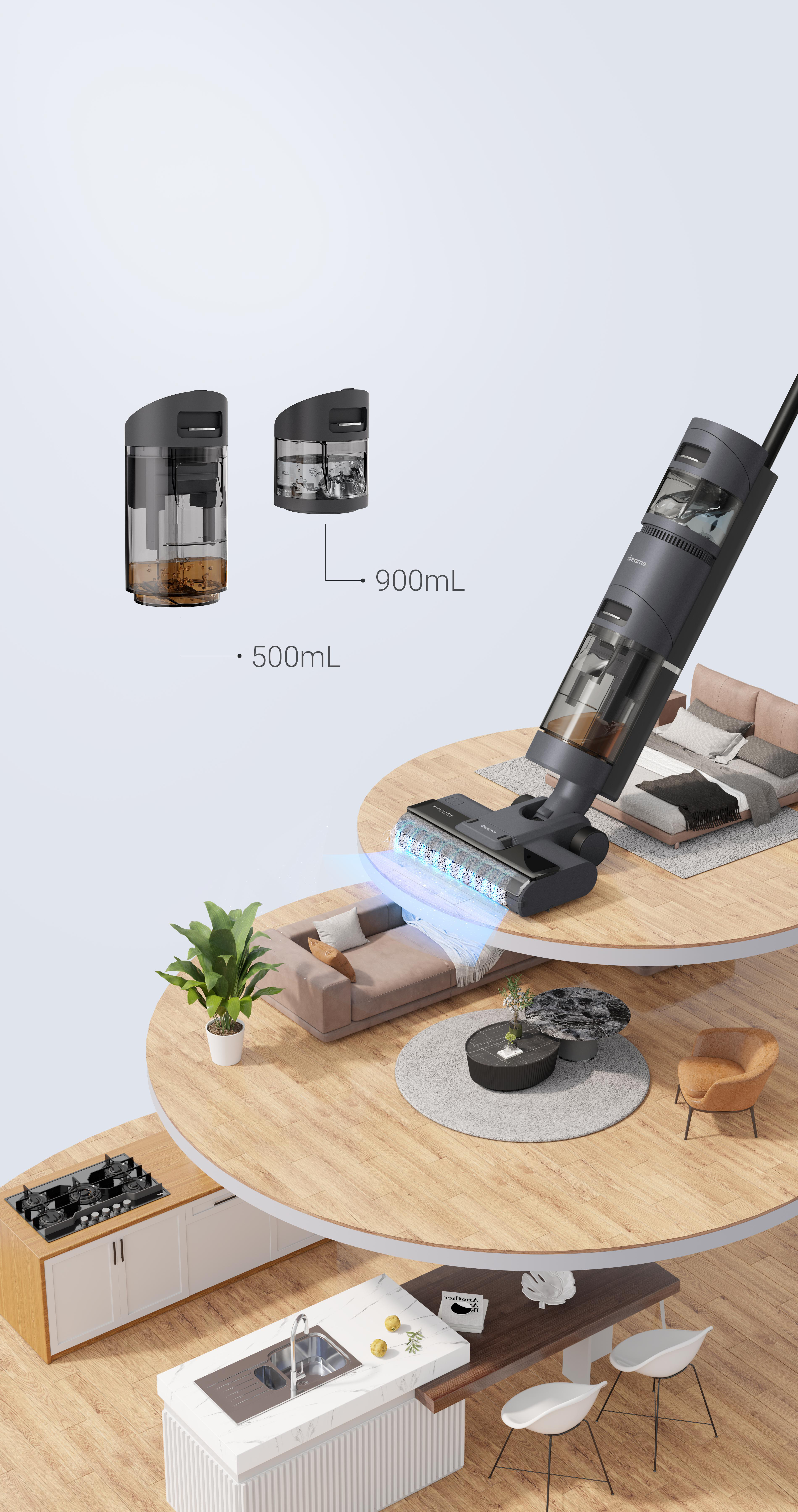 Ein Bodenreiniger mit Wassertanks und Diagramm der Reinigungsbereiche.