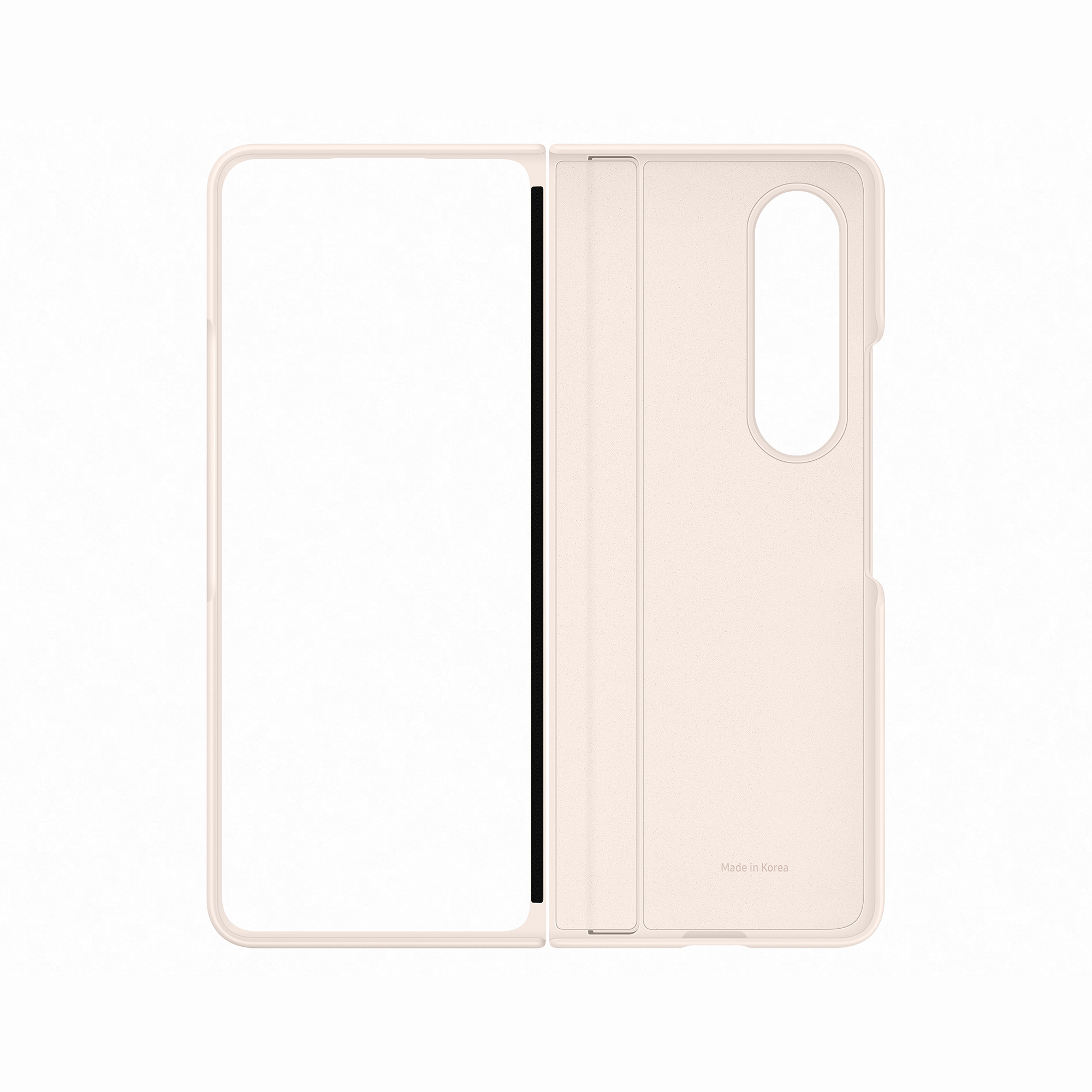 Funda de teléfono plegable en color beige, mostrando el interior y el exterior.