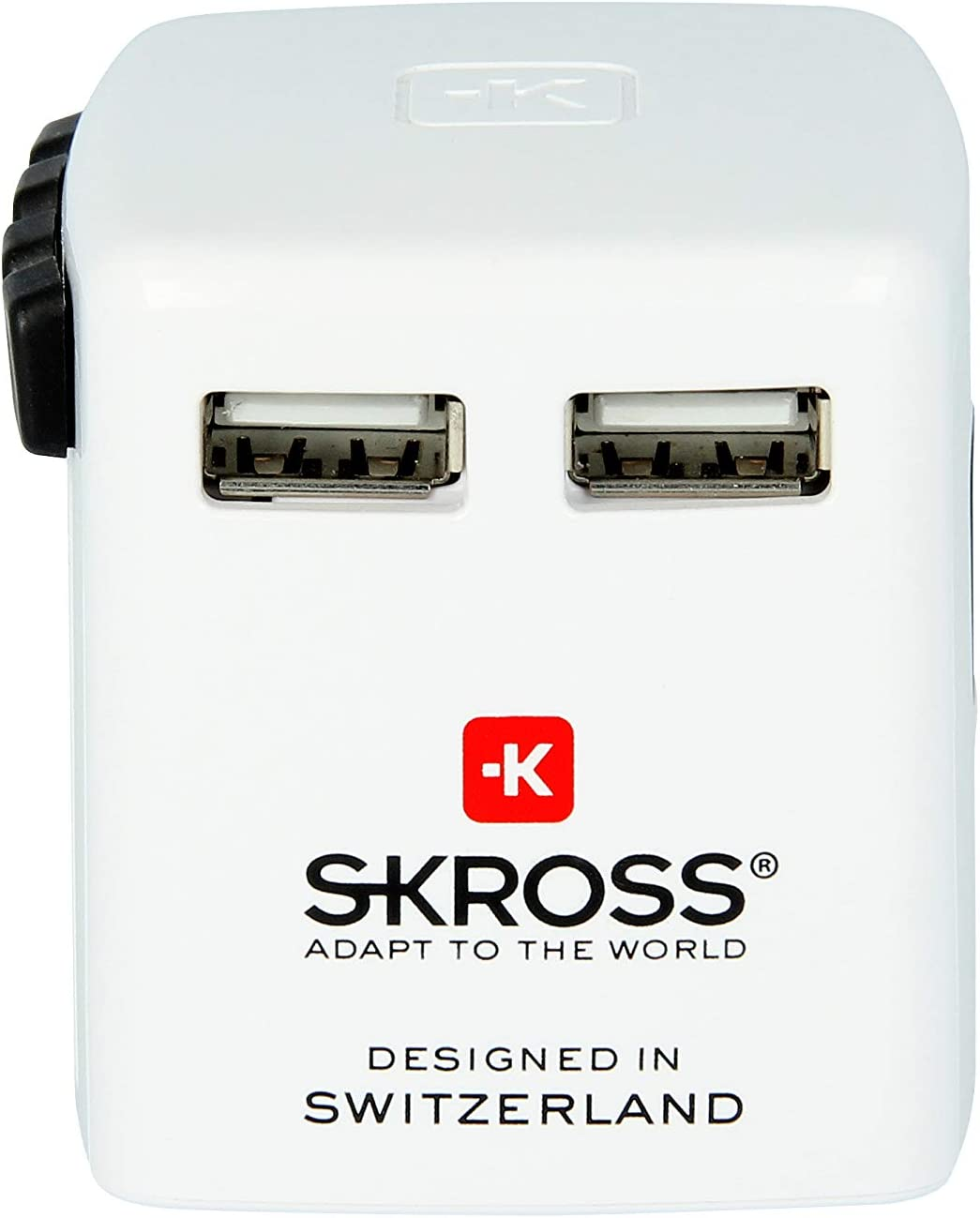 Adattatore da viaggio bianco con due porte USB e marchio SKROSS.