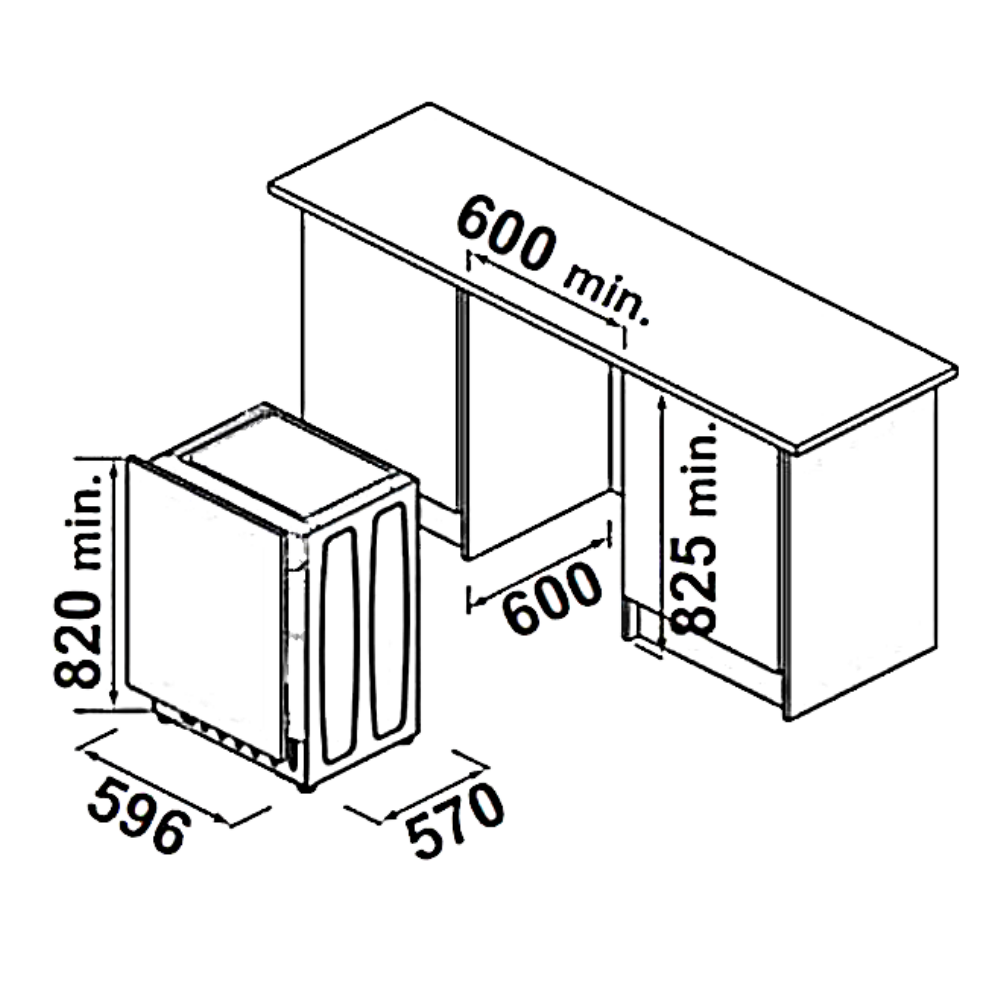 Dibujo técnico de un lavavajillas y mueble, con dimensiones etiquetadas.