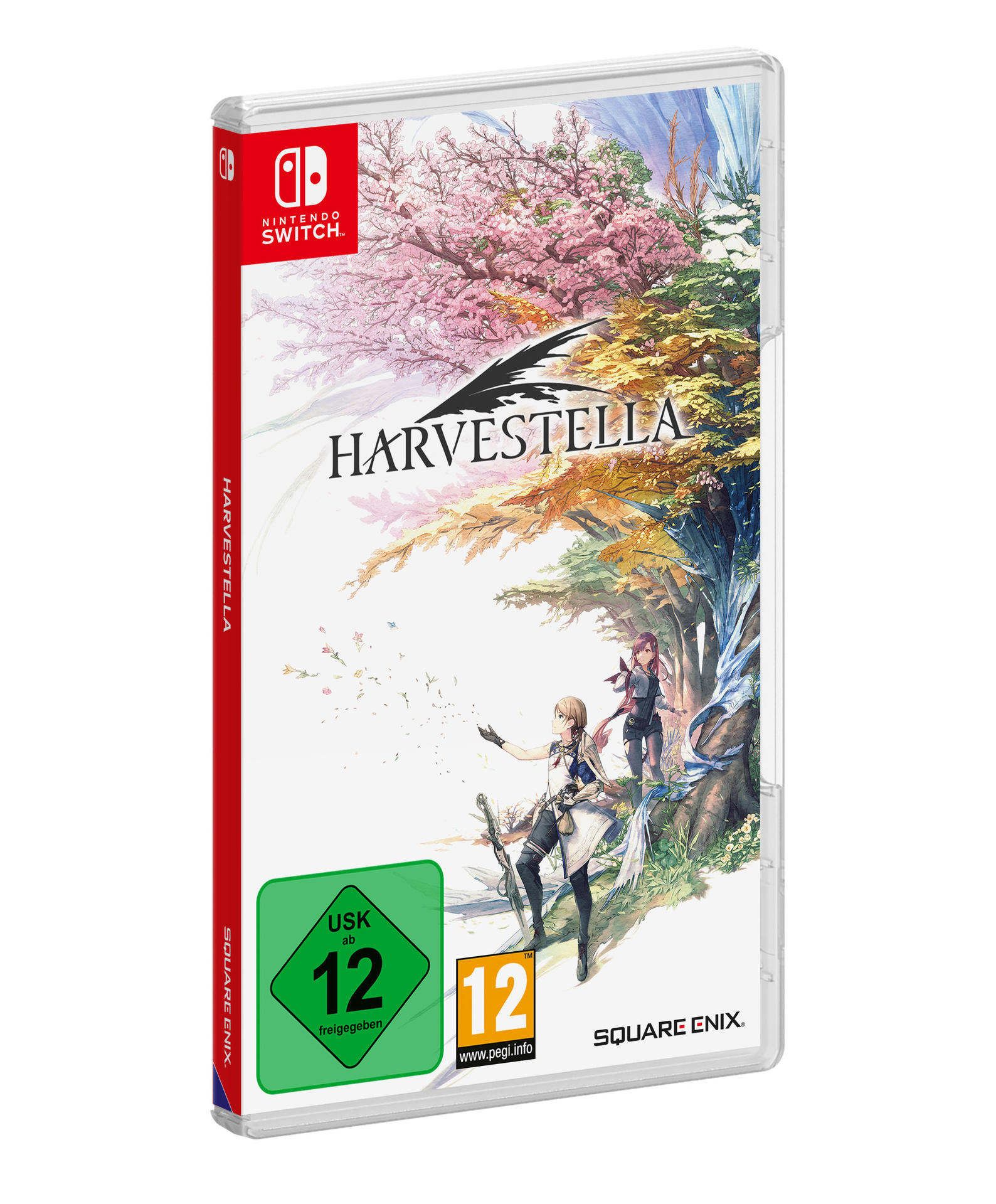 Spielbox für Harvestella. Eine Frau mit Schwert und zwei Charaktere auf einer Fantasieszene.