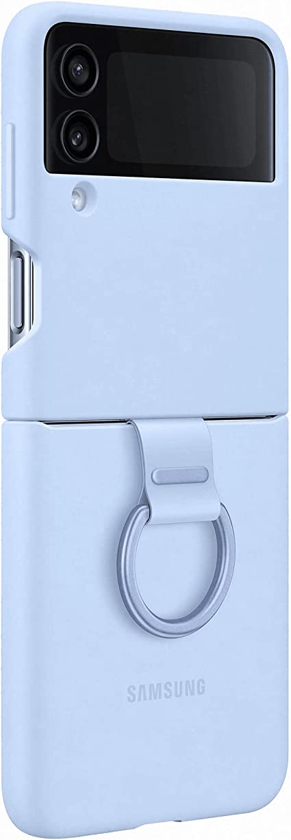 Funda de teléfono plegable azul claro con anillo plateado sobre fondo blanco, diseño moderno.