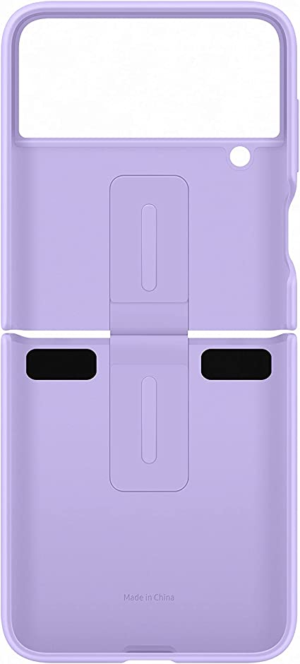 Funda de teléfono morada abierta, con soporte.