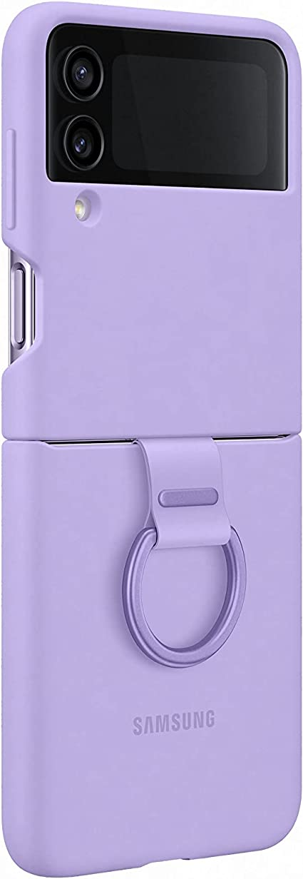 Funda de teléfono plegable morada abierta, con un anillo y el logotipo de Samsung. Fondo blanco.