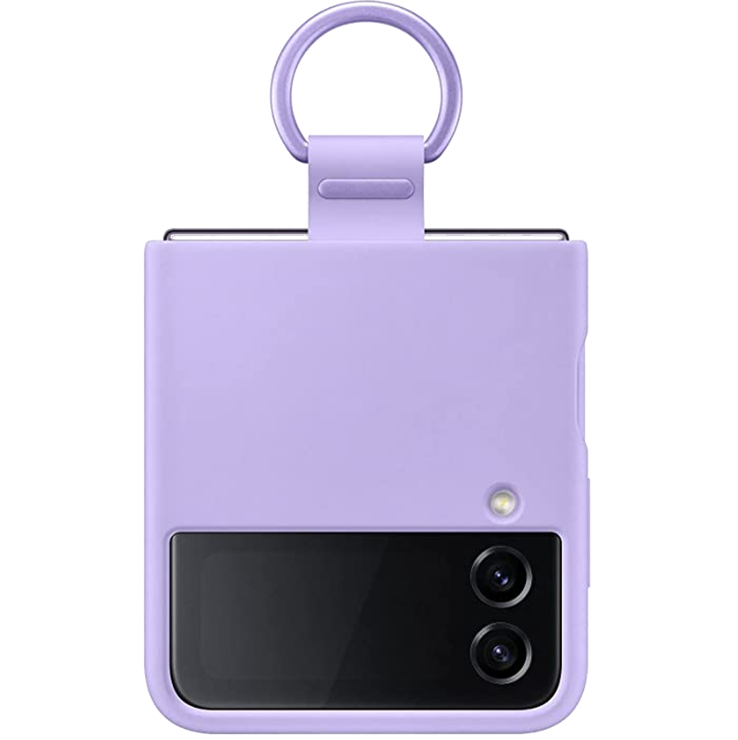 Una funda de teléfono morada clara con un anillo y una sección de cámara con lentes.