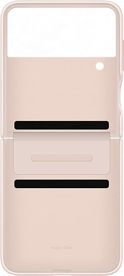 Funda de teléfono rosa, abierta y desplegada. Vista interior con bisagra y detalles.